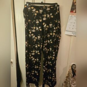 Floral Wide-Leg Women’s Pants - Black with Yellow Floral Print